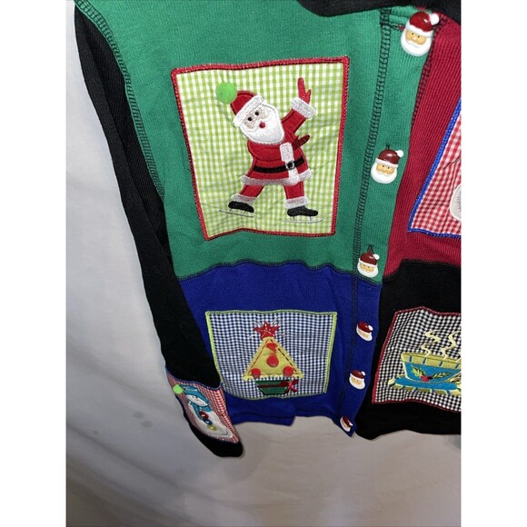 Onque Casuals Women’s Christmas Cardigan Sz Small Black Colorblock Santa Buttons - Picture 6 of 12